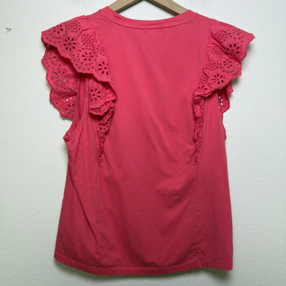 J. Crew Women Preppy 100% Cotton Top XL Pink Eyelet Flutter Ruffle Spring‎ Boho